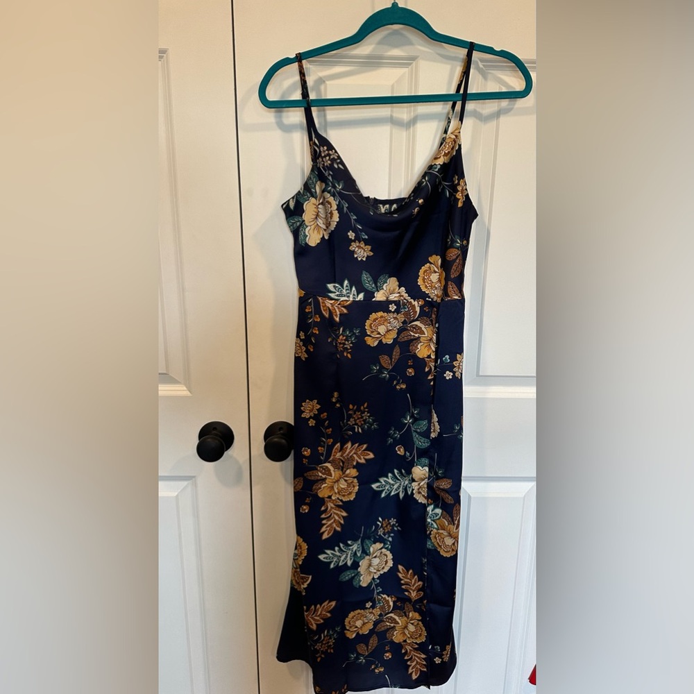 Navy floral satin midi dress